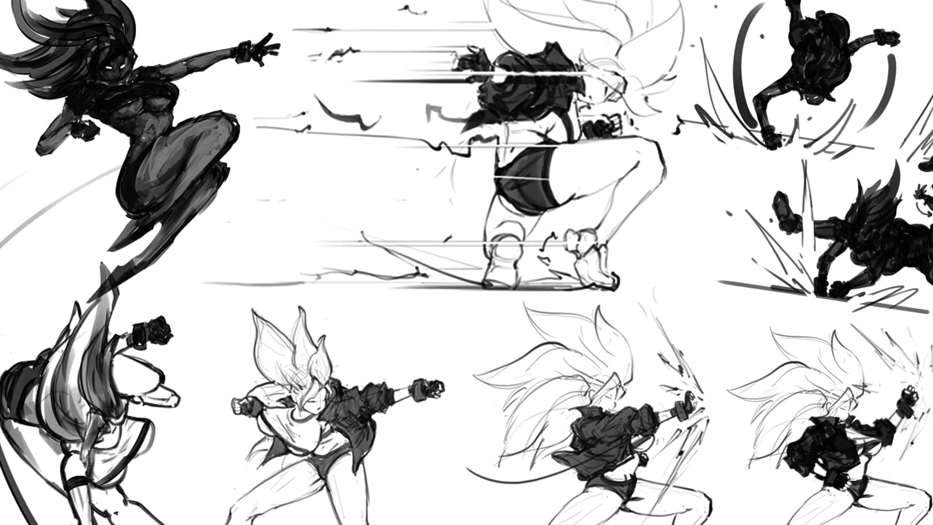 This dynamic sketch sheet showcases a series of action poses featuring two distinct characters, one with dark, flowing hair and the other with lighter, spiky hair. The mood is energetic and intense, capturing various stages of combat, including leaping attacks, powerful strikes, and rapid movements indicated by motion lines. The visual elements highlight the characters' athletic forms and the impact of their actions, suggesting a fierce battle unfolding.