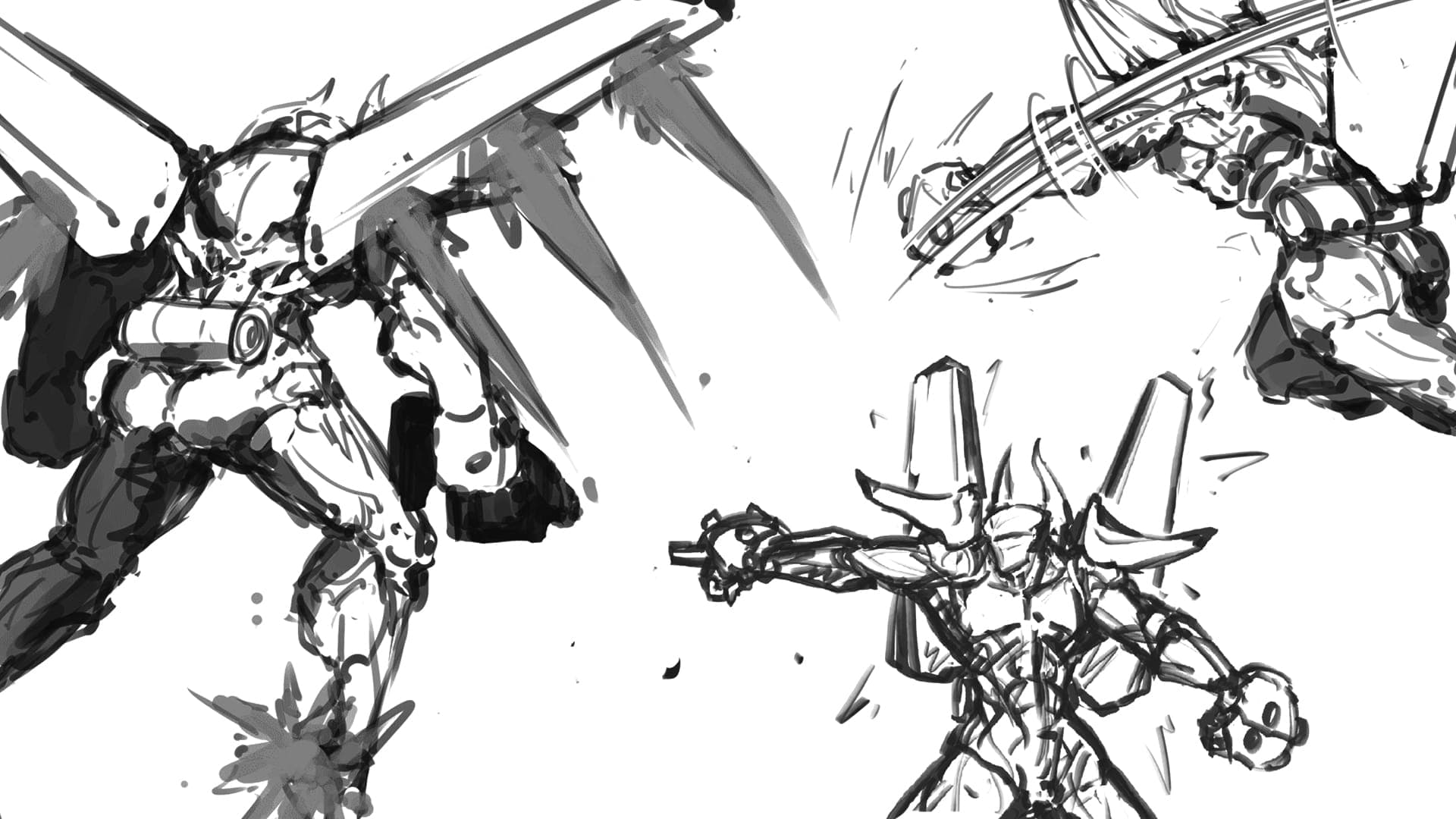 This dynamic sketch features two winged mechs in action, rendered in a striking black and white style. The left mech, with its large wings and powerful stance, appears to be landing with an impact, while the right mech is captured mid-motion, possibly preparing for an attack. The raw, energetic lines and expressive shading convey a sense of intense movement and battle, making this a captivating piece for fans of sci-fi and robot art.