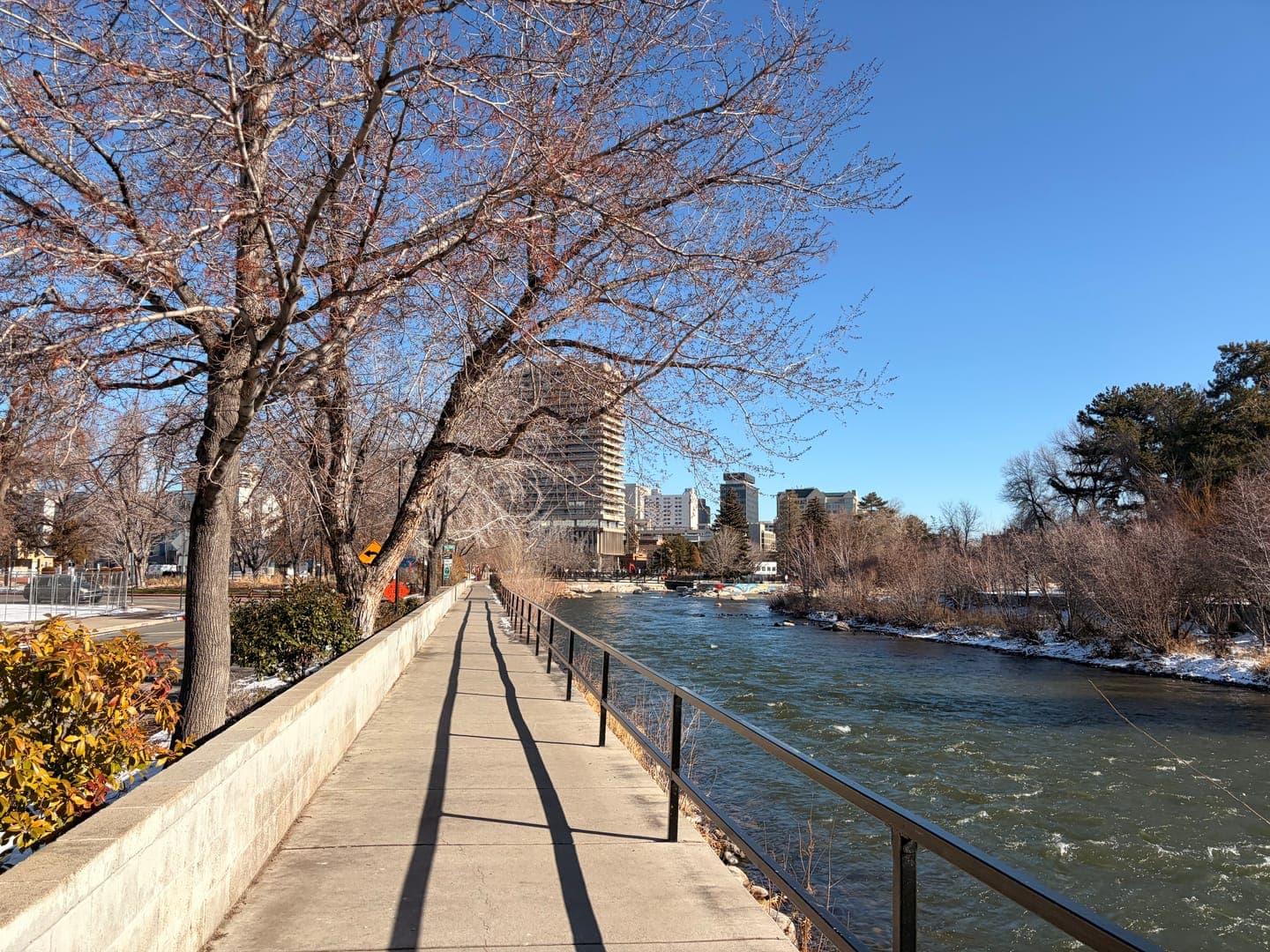 A scenic riverside path stretches into the distance, lined by bare trees casting long shadows on a bright, clear day. The river flows alongside, with hints of snow on its banks and distant city buildings under a vibrant blue sky. This tranquil scene perfectly captures the crisp beauty of a winter's day by the water.