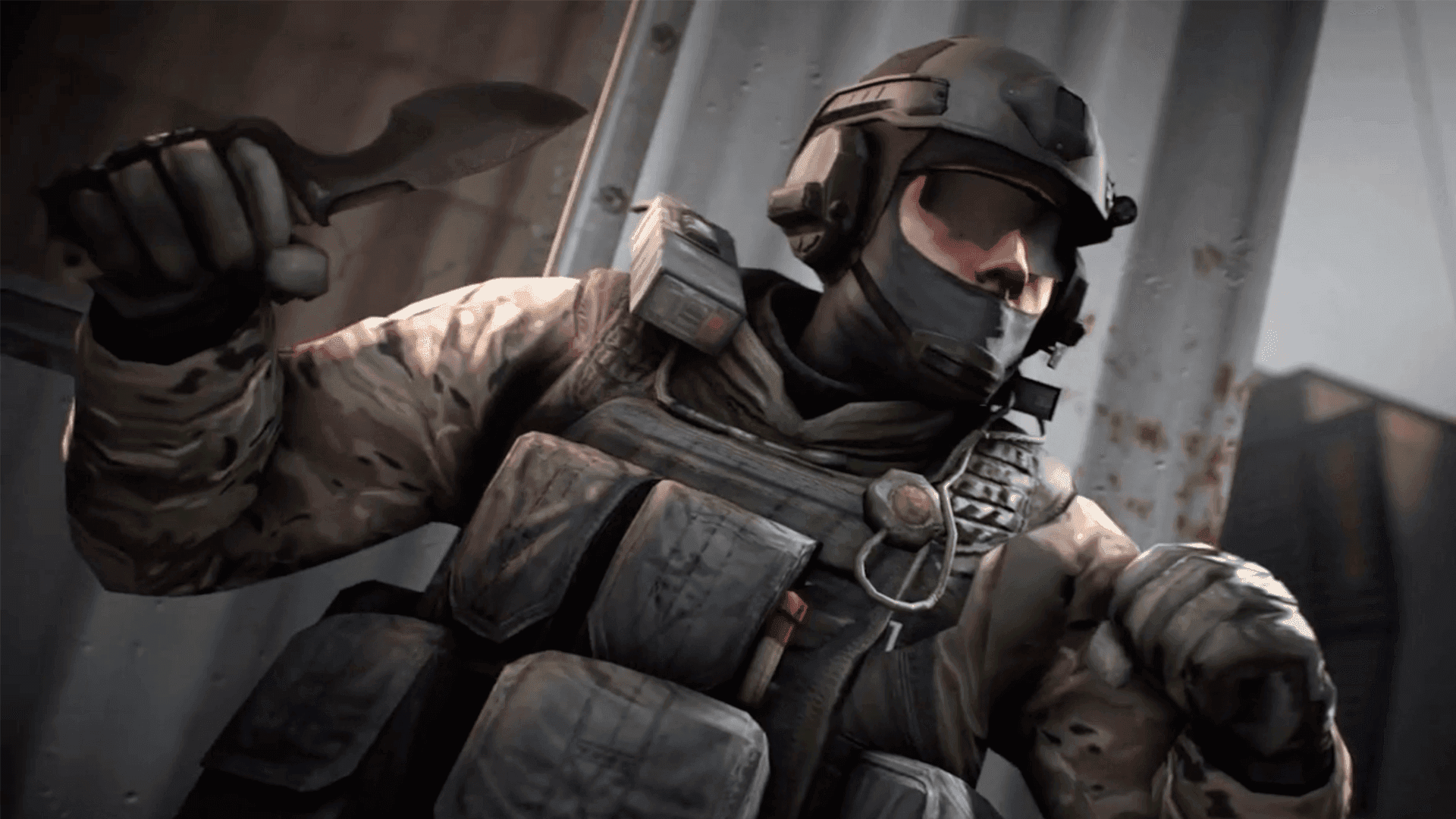 A soldier in tactical gear, including a helmet, balaclava, and body armor, is captured mid-action, holding a knife with a determined expression. The muted color palette and dynamic pose create a tense and action-packed mood, suggesting a moment from a video game or a dramatic scene. The background features industrial-like structures, adding to the gritty and intense atmosphere of the image.