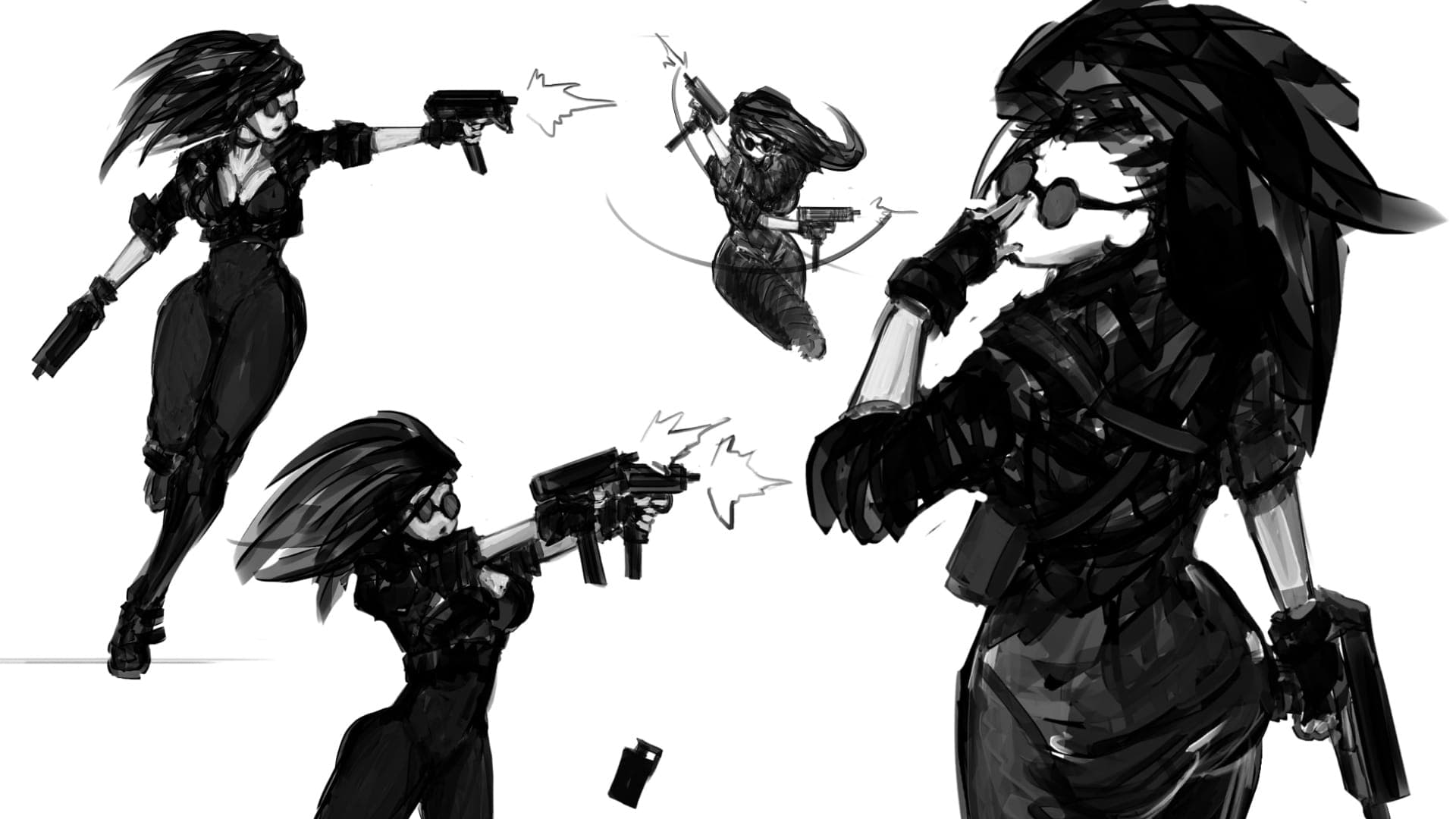 This dynamic black and white sketch features a female character in various action poses, showcasing her agility and combat readiness. She's depicted firing pistols and a submachine gun, with muzzle flashes adding to the intensity of the scenes. The artwork captures a cool, action-packed vibe, highlighting her dark attire and stylish round sunglasses.