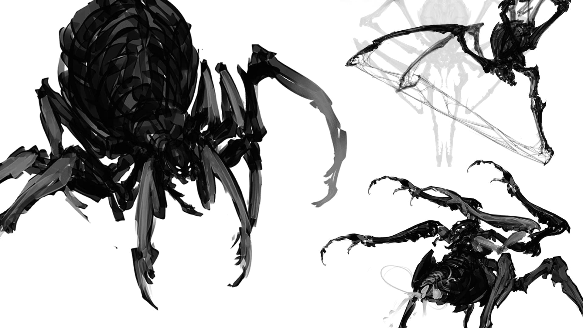 This striking digital artwork showcases a collection of menacing, spider-like creatures rendered in a stark black and white palette. The main subject is a large, heavily armored arachnid with multiple legs and a segmented body, exuding a dark and formidable mood. Surrounding it are various sketches of similar creatures, some appearing to be in motion or with web-like appendages, highlighting different aspects of their eerie design.