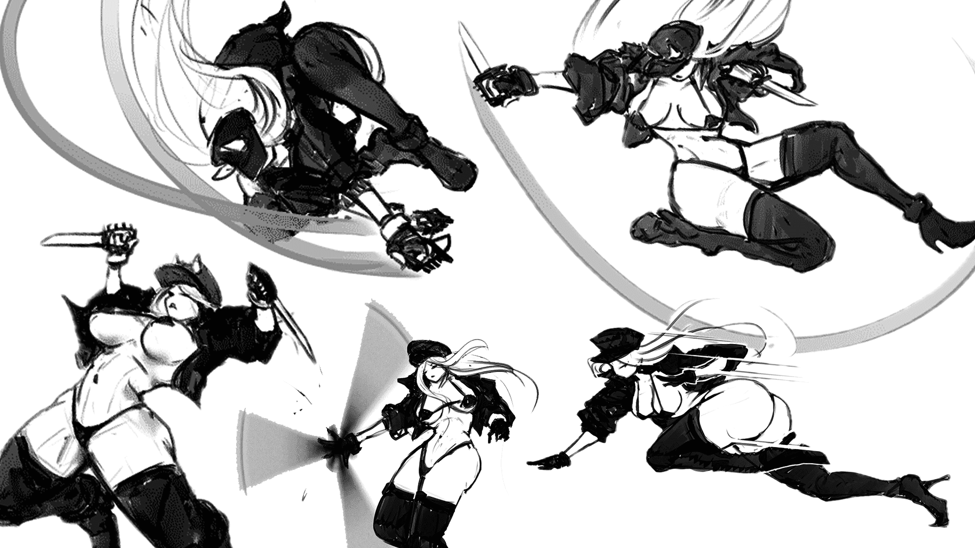 This dynamic black and white sketch features multiple action poses of a female character, possibly a warrior or assassin, wielding knives and other weapons. The character is depicted in various stages of combat, showcasing agility and power with flowing hair and motion lines emphasizing movement. The overall mood is intense and action-packed, highlighting the character's fierce and skilled nature.