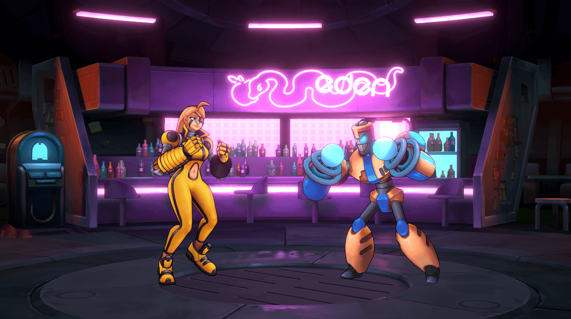Step into a vibrant, neon-lit bar where a fierce showdown is about to begin! A powerful female character in a yellow suit faces off against a formidable robot, both poised for action. The glowing 'Medusa' sign above the bar adds to the electrifying, retro-futuristic atmosphere of this intense scene.