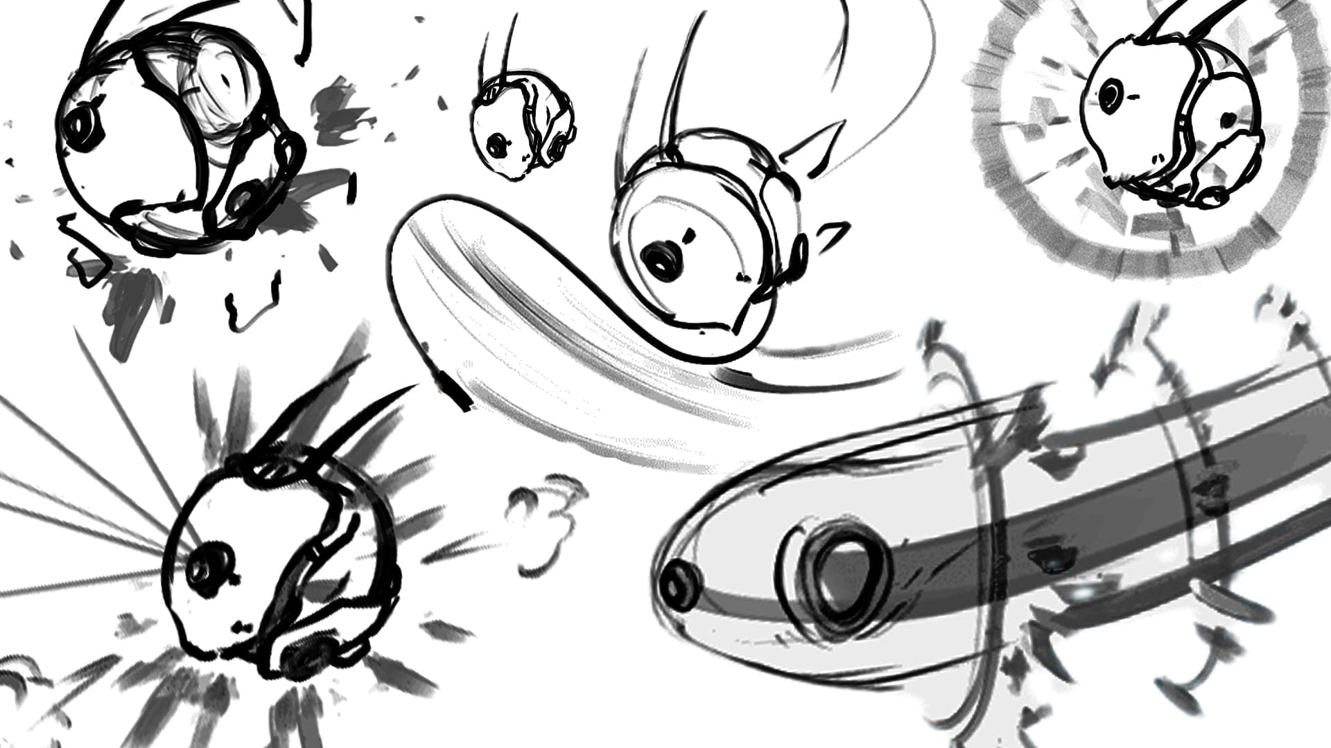 This dynamic sketch features several small, round, robot-like creatures in various states of motion and impact. Some appear to be falling or flying, leaving motion trails, while others are depicted with bursts of energy or debris, suggesting collisions or powerful movements. The overall mood is energetic and action-packed, rendered in a monochrome, illustrative style that emphasizes movement and force.