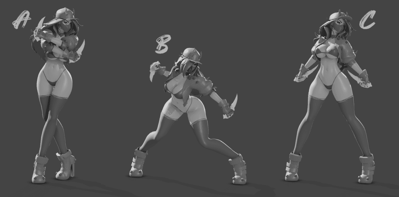 This image showcases three distinct poses, labeled A, B, and C, of a stylized female character in a monochrome palette. The character, possibly a warrior or assassin, is depicted wearing a hat, a face covering, a bikini-style top and bottom, thigh-high stockings, and high-heeled boots, while wielding two curved daggers. Each pose highlights different aspects of her dynamic and powerful stance, with pose A showing her with crossed arms, pose B in a lunging action, and pose C in a more open, ready position.