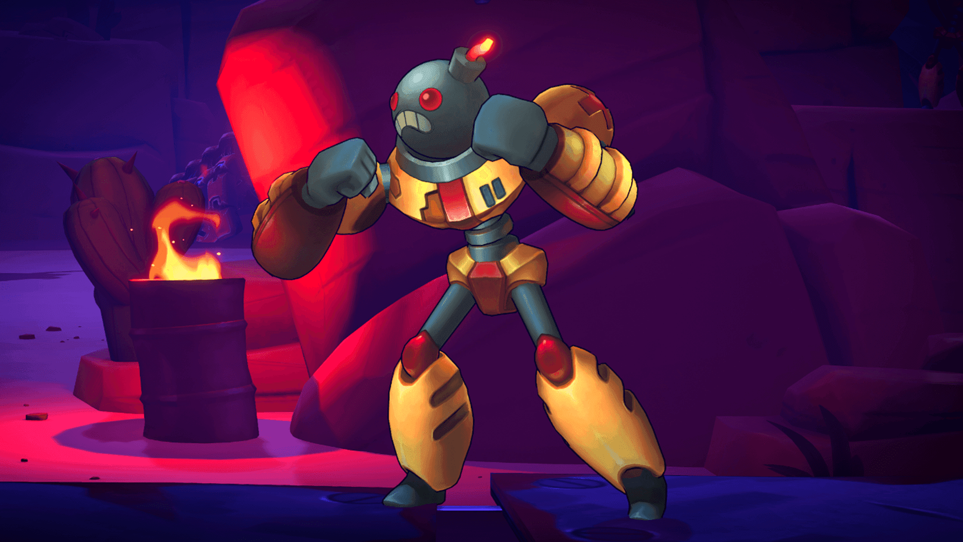 A bomb-headed robot with a determined expression stands ready for action in a vibrant, stylized underground setting. The scene is illuminated by a warm red glow emanating from the right, contrasting with the cooler purple hues of the environment. A burning barrel to the left adds to the intense and adventurous mood of the image.