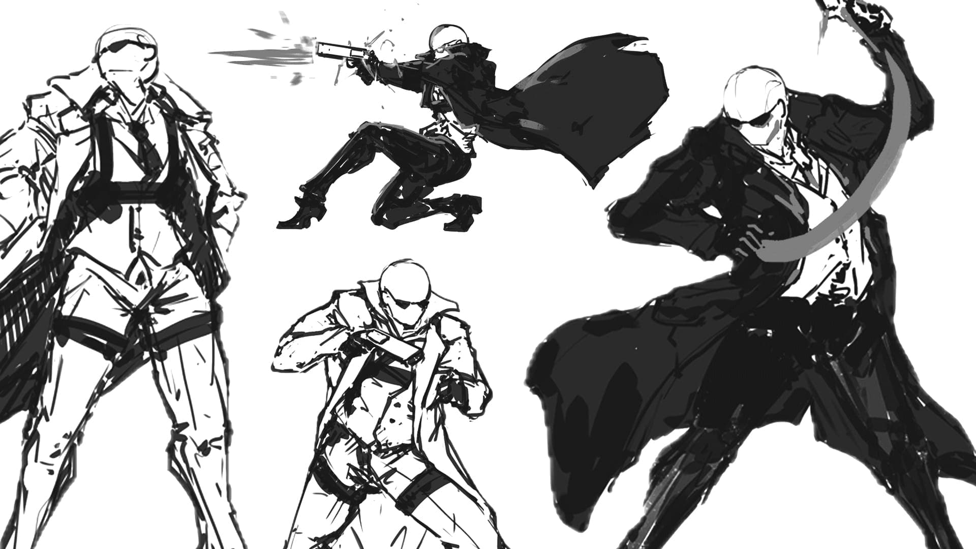 This dynamic sketch sheet showcases a character in various action poses, highlighting their agility and combat readiness. The character, clad in a trench coat and what appears to be a mask or helmet, is depicted firing a weapon, engaging in close-quarters combat, and striking a powerful stance. The black and white line art emphasizes movement and form, giving the impression of a stylish and formidable operative.