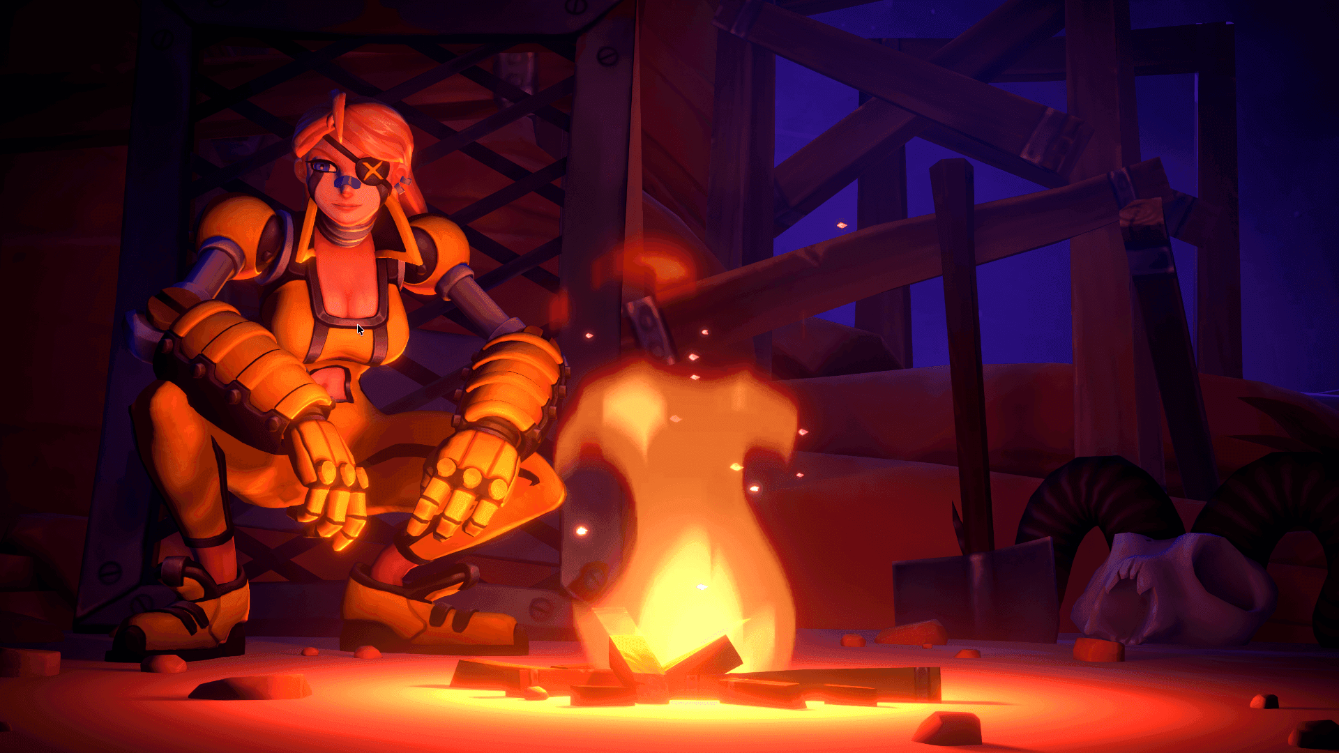 A stylized female character with an eyepatch and yellow armor crouches beside a warm campfire, casting a soft glow on her and the surrounding desert-like environment. The scene evokes a sense of quiet contemplation or a momentary rest during an adventure, with wooden structures and a ram's skull visible in the background. The vibrant colors and distinct art style suggest a video game or animated feature, creating an engaging and atmospheric visual.