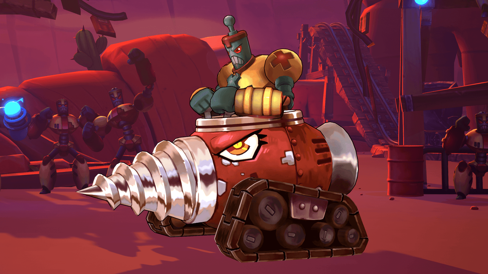 A menacing, green-skinned robot with a red cross on its shoulder sits atop a red drilling tank with an angry face, ready for action. In the background, two other robots stand guard, one holding a glowing blue orb, all set against a dramatic red-hued industrial landscape. The scene evokes a sense of impending conflict and mechanical might.