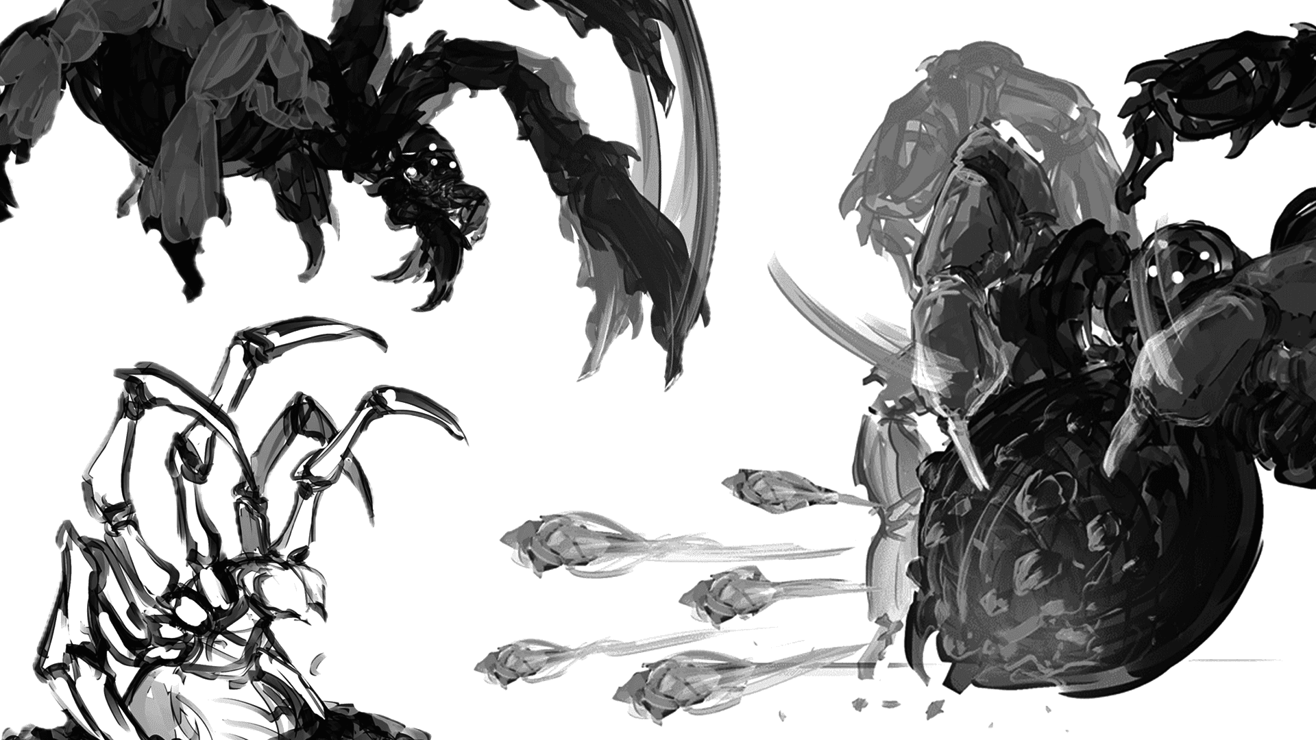 This dynamic black and white sketch depicts a fierce battle between two monstrous, spider-like creatures. One creature, with multiple glowing eyes, appears to be attacking with sharp, blade-like limbs, while the other, more skeletal in form, retaliates by launching projectiles. The artwork conveys a sense of intense action and fantasy combat, with bold brushstrokes emphasizing movement and aggression.