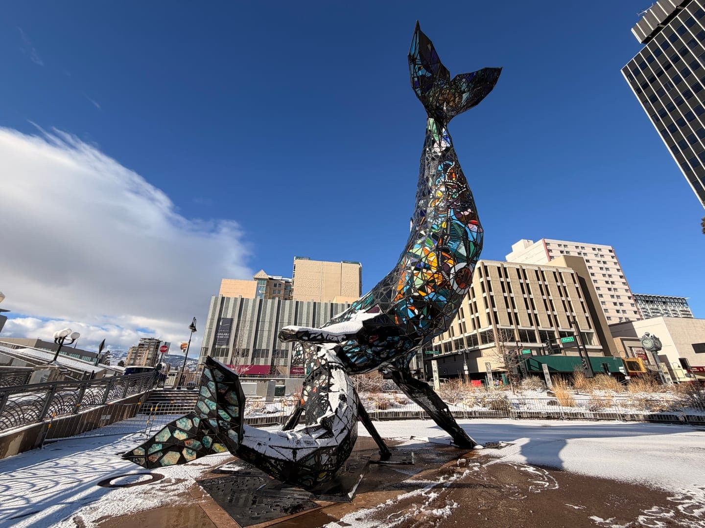 This striking image captures the 'Whale Song' sculpture in Reno, Nevada, a vibrant mosaic whale seemingly diving into the snowy ground. The colorful artwork stands out against the clear blue sky and modern city buildings, creating a whimsical contrast with the winter landscape. The snow-dusted surroundings add a serene yet playful mood to this urban art installation.
