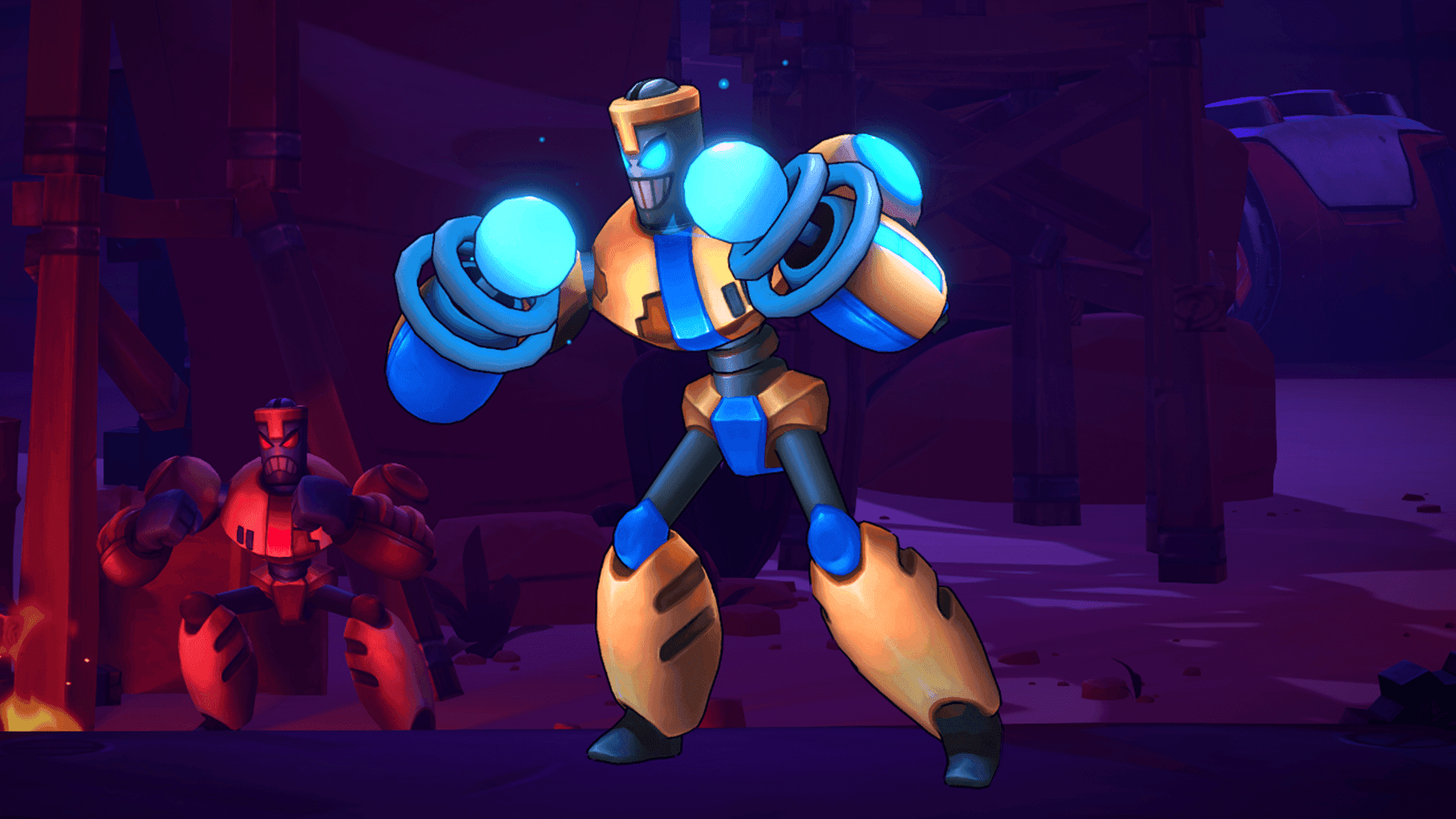Two robots stand in a dimly lit, industrial-looking setting, possibly a factory or a workshop. The robot in the foreground is larger and more brightly colored in blue and orange, with glowing blue fists and eyes, appearing ready for action. In the background, a smaller, red-hued robot with glowing red eyes lurks near what looks like a small fire, adding a sense of tension or impending conflict to the scene.