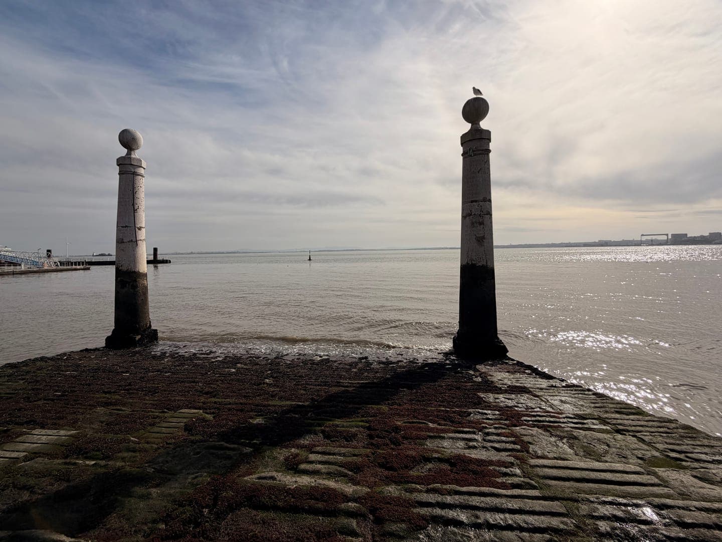 Two weathered stone pillars stand sentinel at the edge of a calm body of water, their bases covered in dark, textured growth. A lone bird perches atop the right pillar, silhouetted against the bright, cloudy sky that casts a gentle shimmer on the water's surface. The scene evokes a sense of peaceful solitude and timelessness, with distant structures hinting at a bustling world beyond the tranquil foreground.