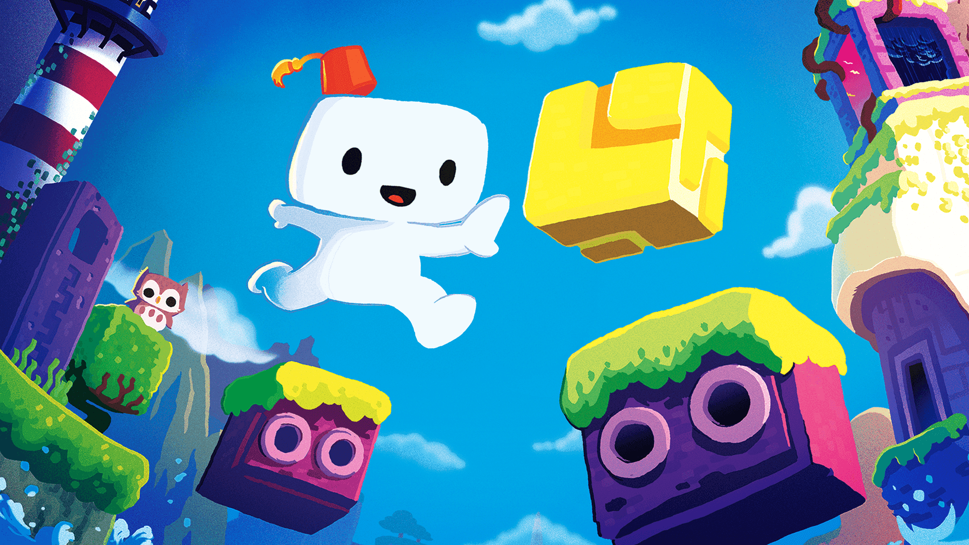 A cheerful, white, block-like character with a red fez hat joyfully leaps through a vibrant, fantastical landscape. The scene is filled with floating islands, colorful block structures, a striped lighthouse, and a small owl perched on a green block, all under a bright blue sky. The overall mood is whimsical and adventurous, reminiscent of a playful video game world.